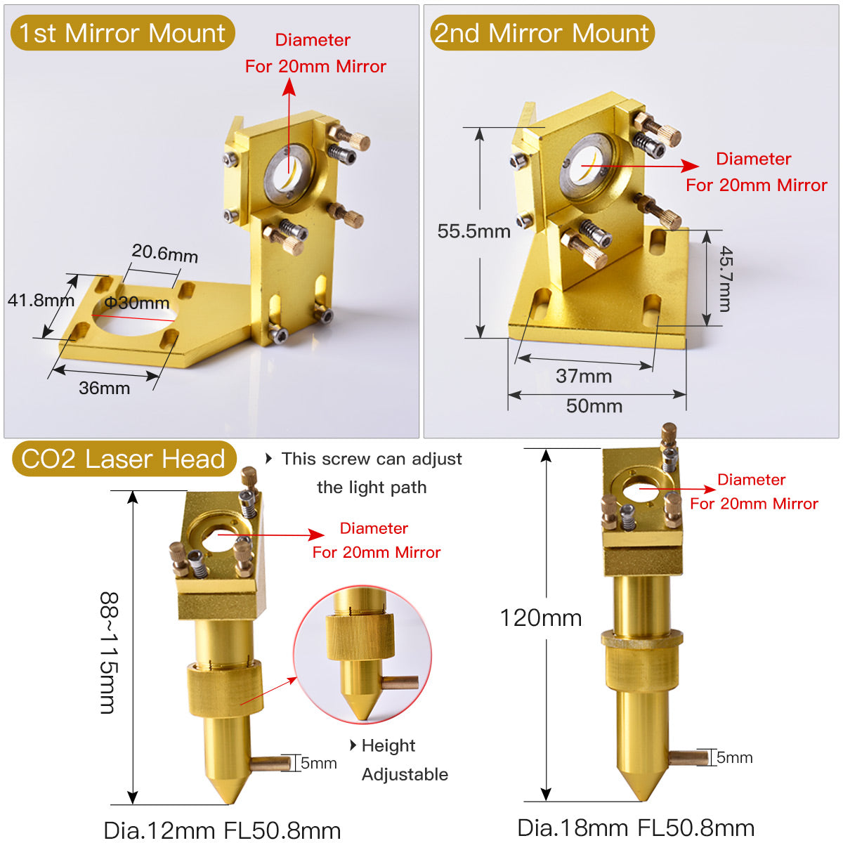 رأس ليزر ثاني أكسيد الكربون من ستارت ناو، عدسة تركيز 12 مم، مرآة 20 مو/سيليكون، آلة 4060 K40