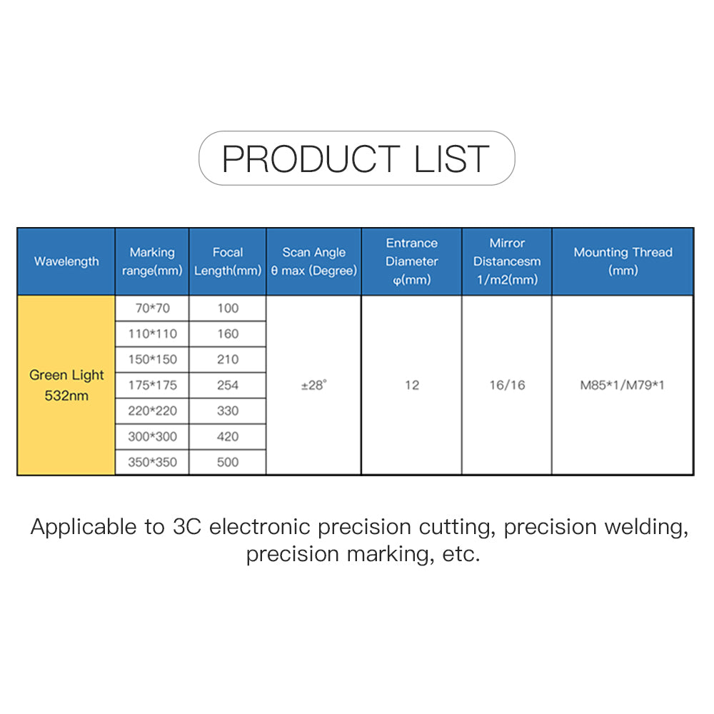 Startnow F-theta скенирајућа лећа 532нм зелена ласерска маркер машина Галво систем М85 навој скенирајуће области 70x70мм F100 оптичка скенирајућа лећа