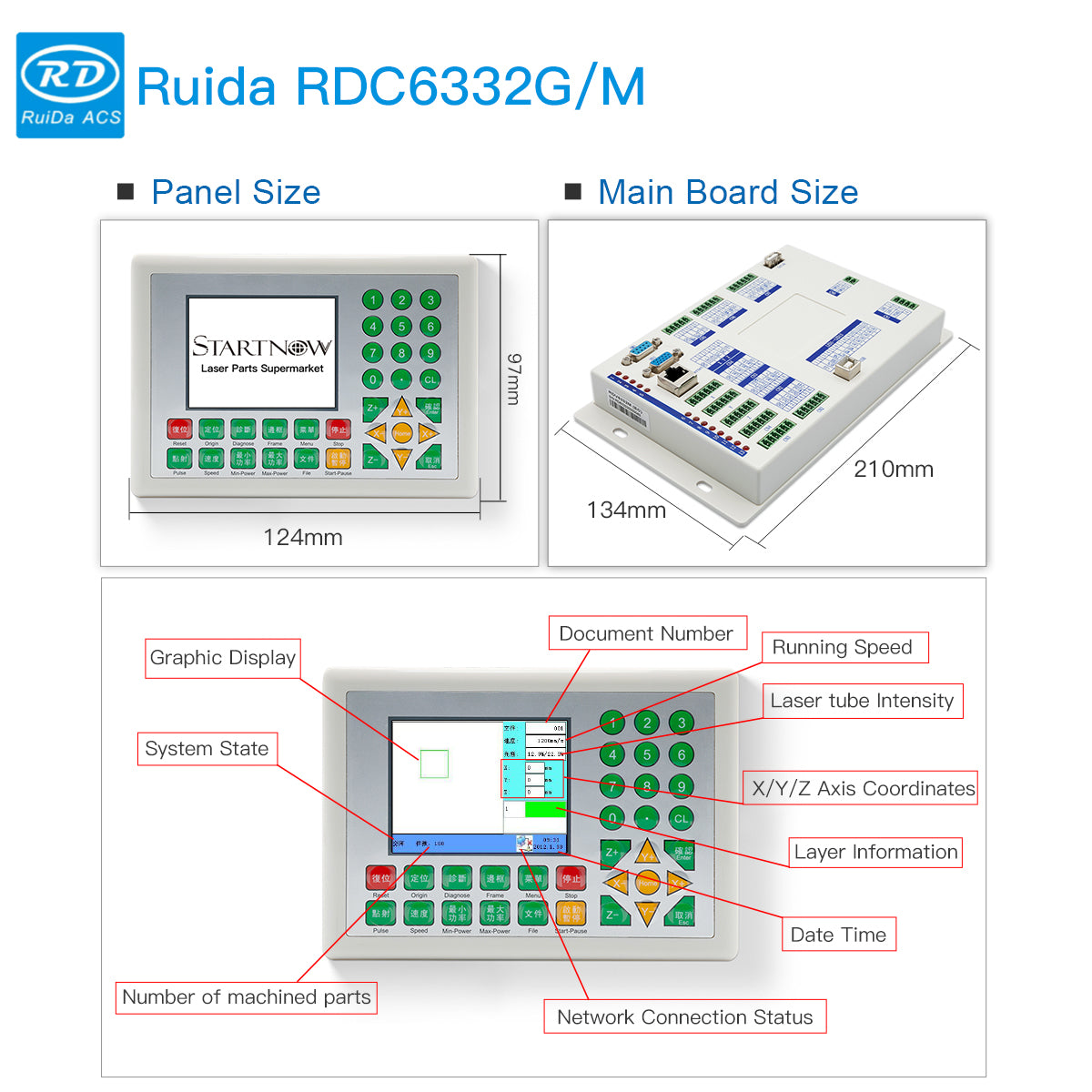 Kontroler lasera CO2 Startnow RDC6332G/M Bezprzewodowy system zdalnego sterowania Ruida DSP Płyta główna Metalowa hybrydowa maszyna do cięcia laserowego