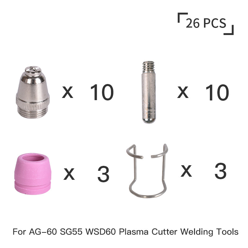 Startnow Kit Plasma da 26 Pezzi per AG60 – Ugelli, Elettrodi, Coppe di Protezione con Guida Pilota per WSD60 SG55 – Materiali di Consumo per Taglio Plasma