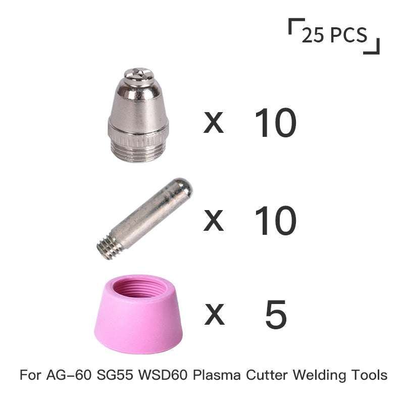 Startnow 25PCS Nozzle Electrode Torch Shield Cups Kits Plasma AG60 SG55 WSD60 For Welding Torch Cutting Machine Parts