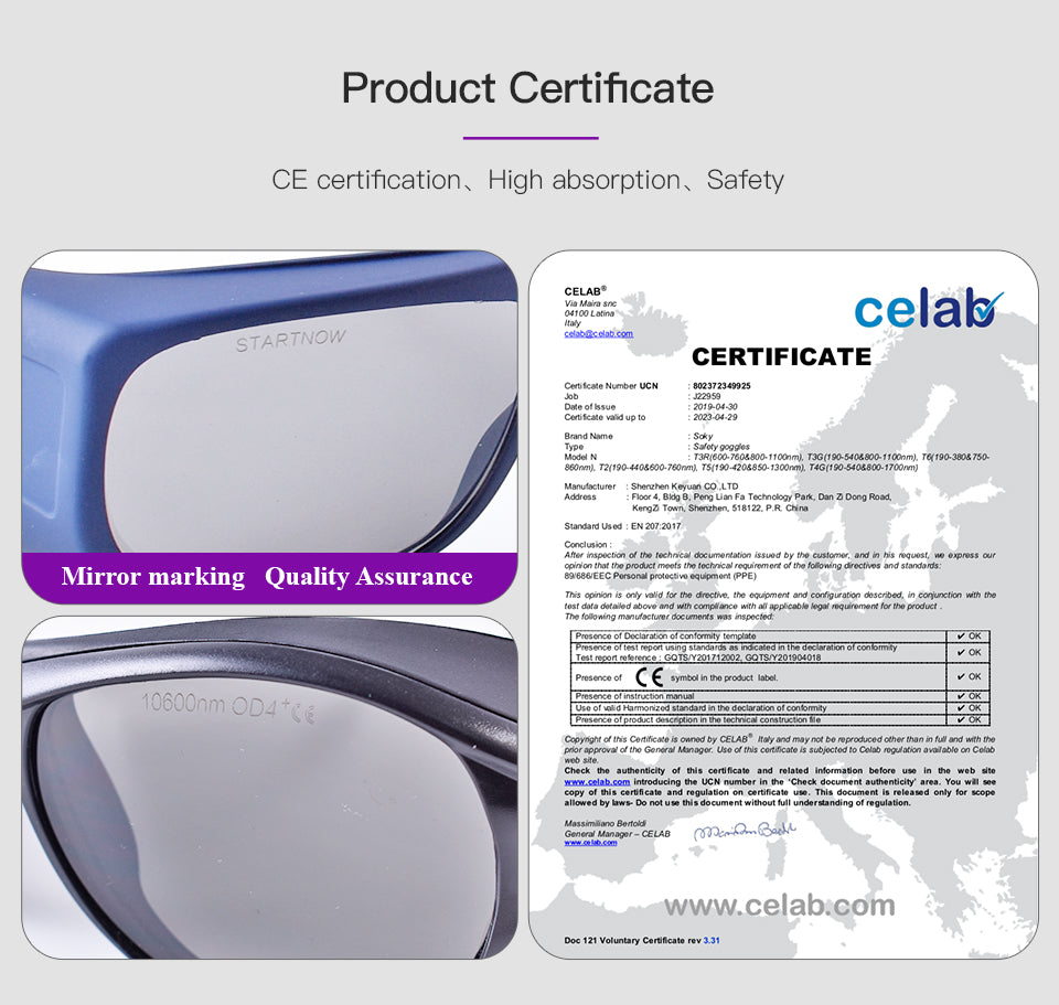 Lunettes de sécurité pour graveur laser certifiées CE Startnow OD4+ 10,6 um Lunettes de protection CO2 Lunettes de sécurité