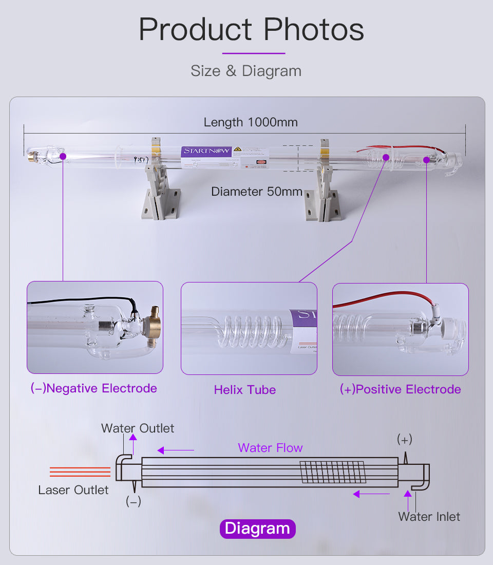 50W 1000mm CO2 Laser Glass Tube For Laser Engraver Carving Machine