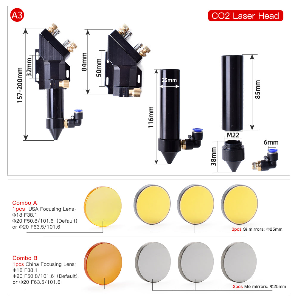 Startnow CO2 Laser Head Set With Dimming Dia.20 F50.8/101.6mm Integrative Holder