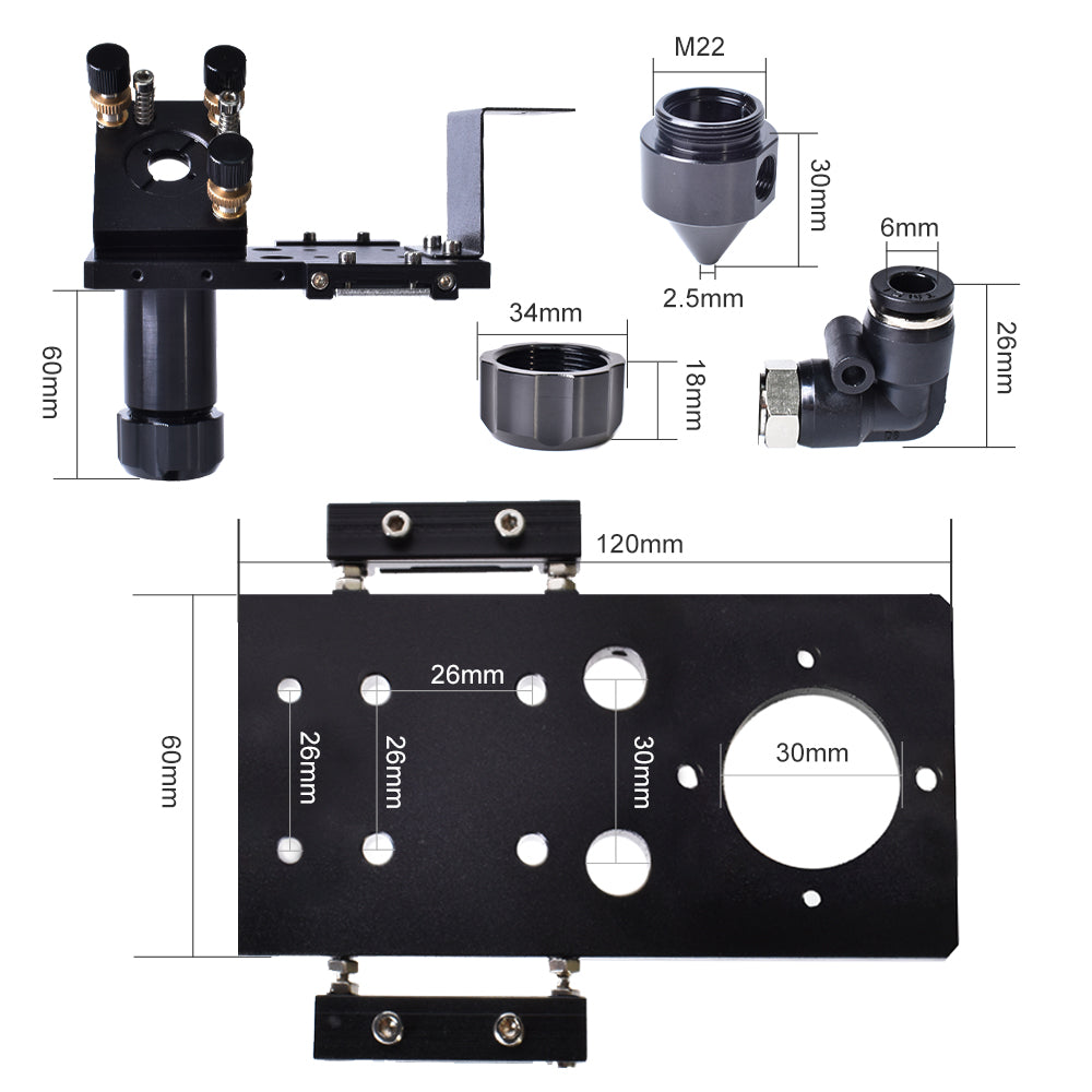 High-quality aluminium alloy Co2 Laser Cutter head with air support nozzle connection plate and strap closure