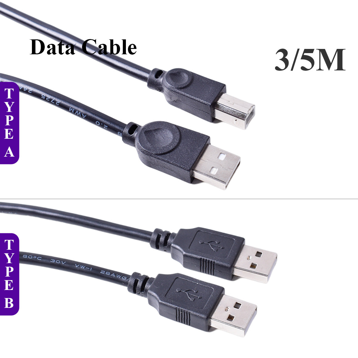 3M 5M USB 2.0  Male to B Male ( AM to BM ) Adapter Converter Data Cable Blue transparent thick