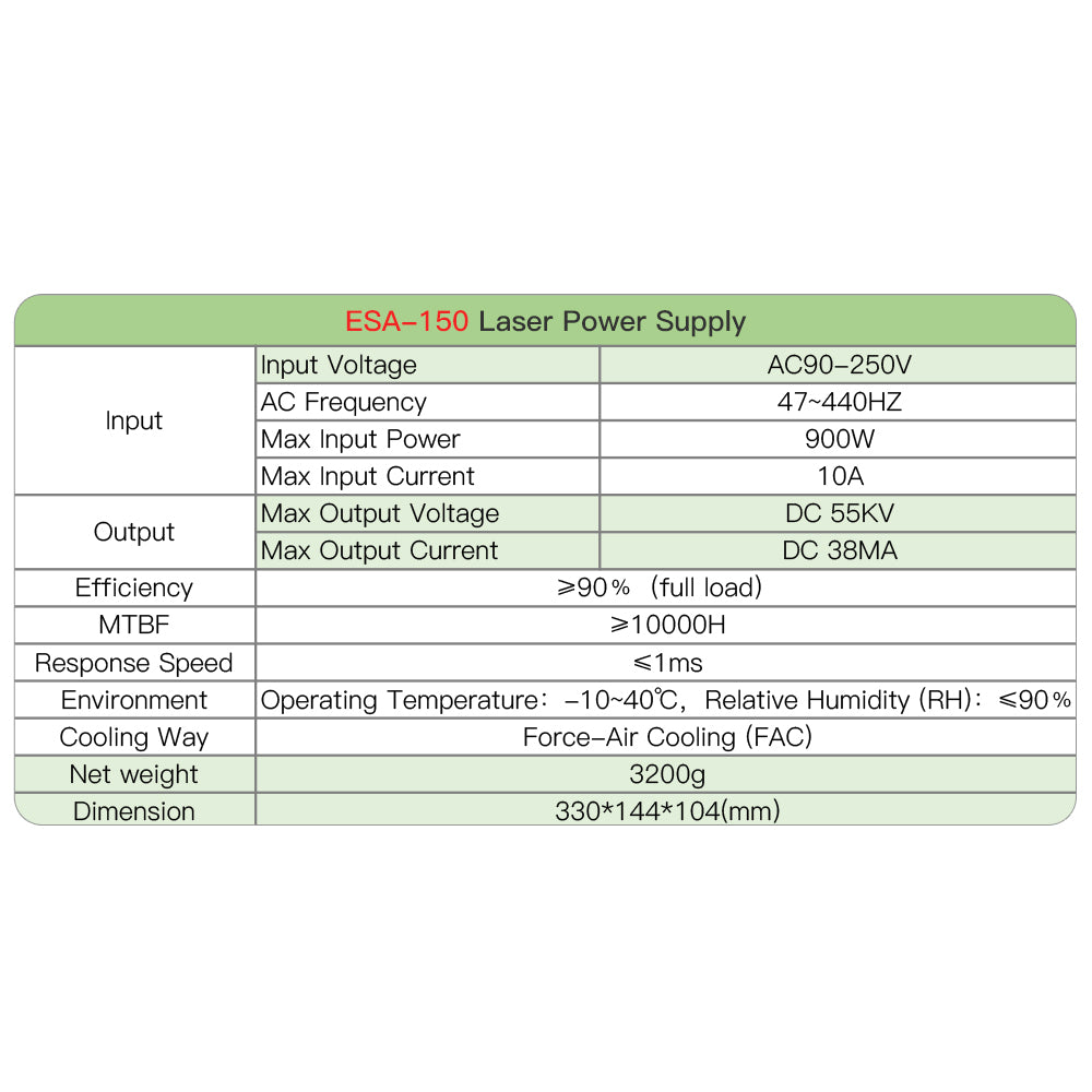 Startnow HY-ESA150 Laserströmförsörjning för 150-180W CO2-laserskärmaskin i ES-serien 110V 220V universell källenhet