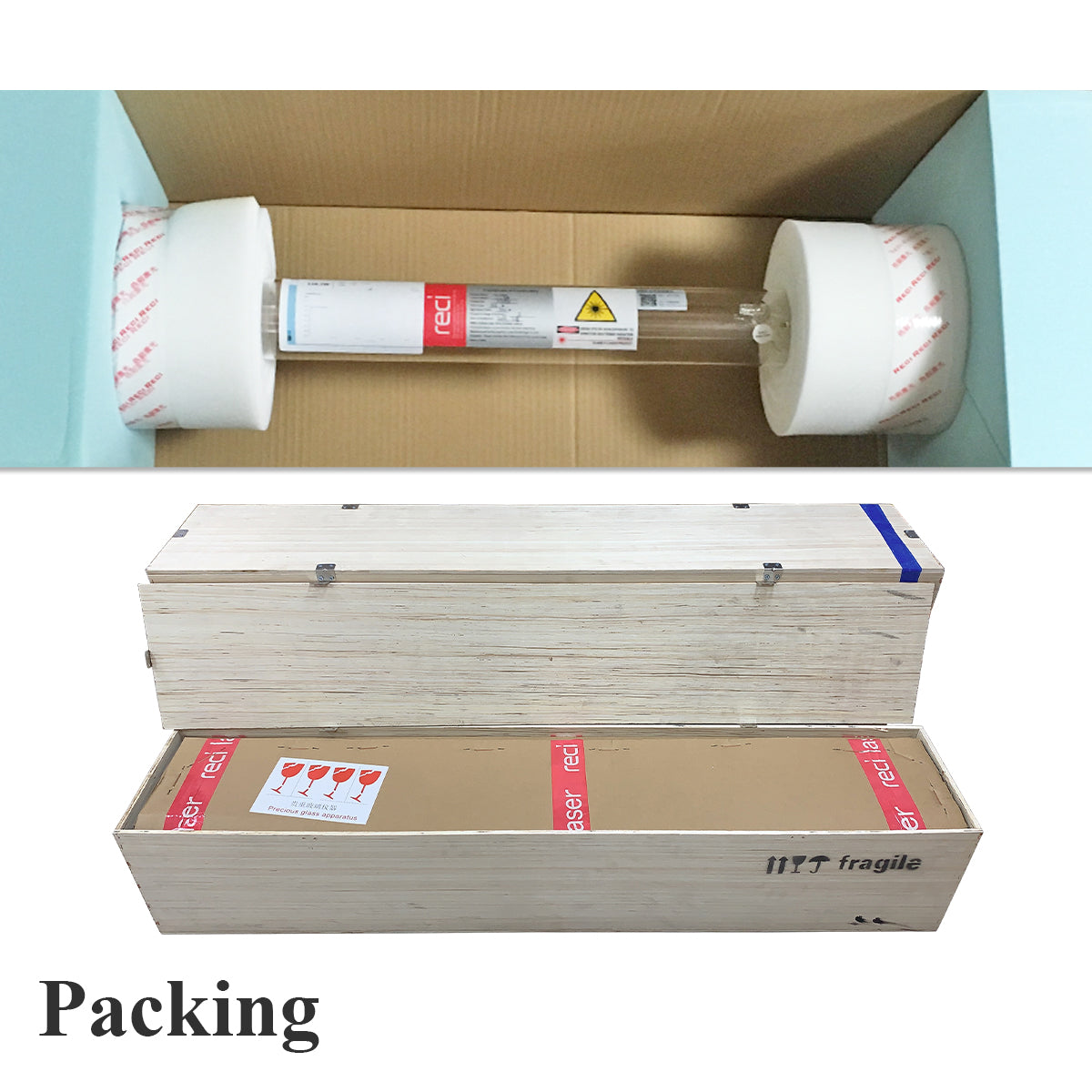 New T4 W4 CO2 Laser Tube T4 Reci 130W 120W D65mm Wooden Box Packing For 100W CO2 Laser Engraving Cuting Machine Lamp Spare Parts