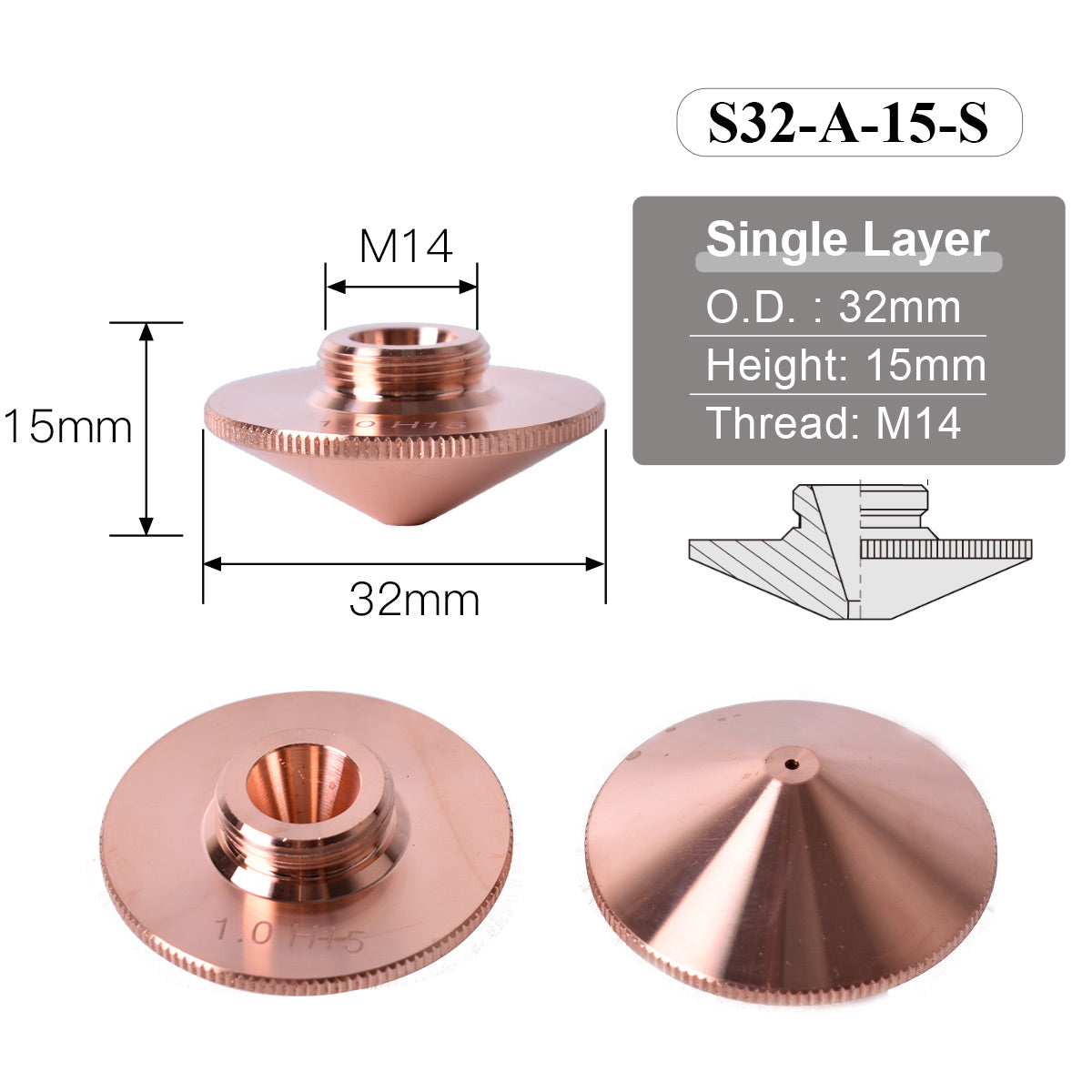 fiber laser nozzle single layer O.D.32mm